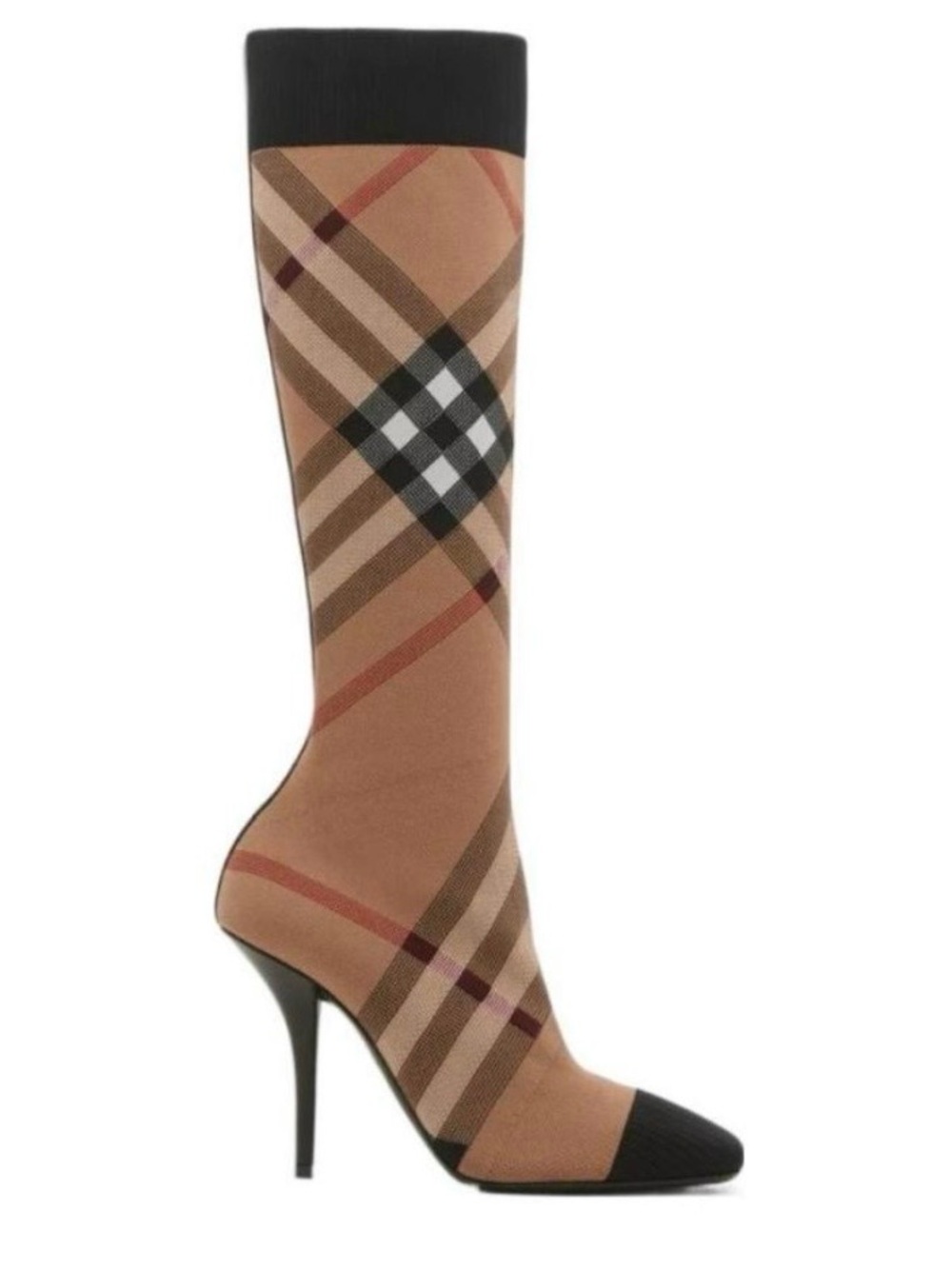 Burberry Tan Plaid Knee-High Sock Boot with Black Accents